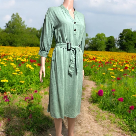 Lulu’s Gwendolen Sage Green Belted Midi Shift Dress - Picture 7 of 16